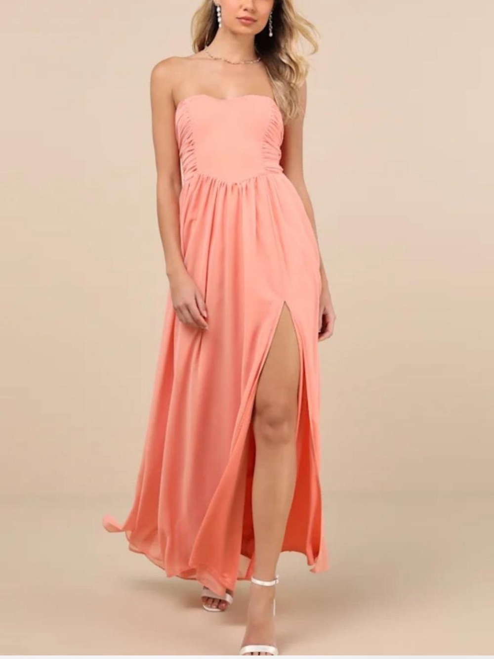 Lulus Luxe Favorite Peach Pink Strapless Ruched Maxi Dress